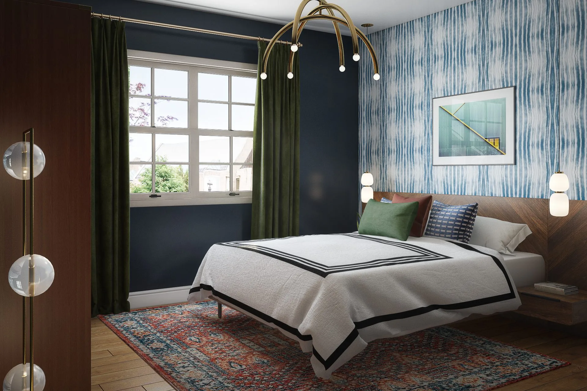 Stylish bedroom designed by Jon Coppola, featuring minimalist décor, soft lighting, and modern furnishings