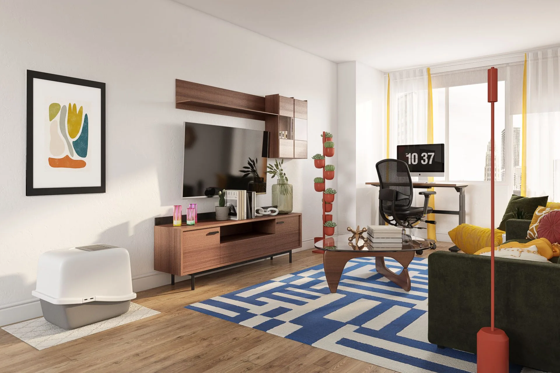 Modern living room with sleek furniture, vibrant decor, and a cozy atmosphere.- home designs