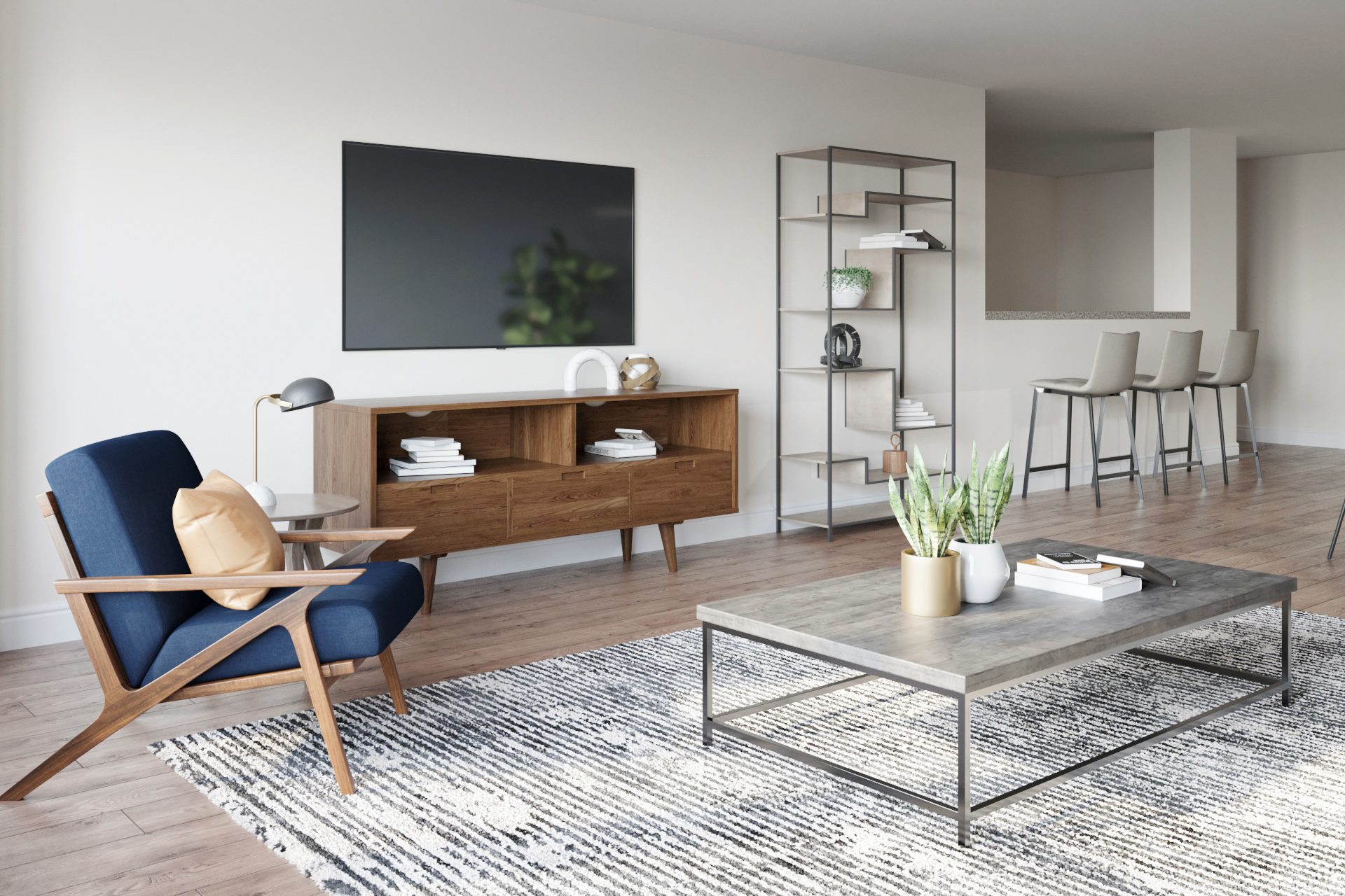 Contemporary living room with neutral furnishings and stylish decor.- design services