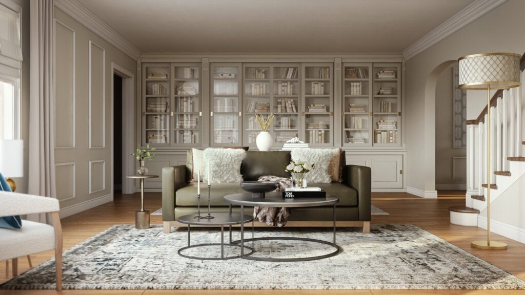 Sophisticated living room with modern furniture, subtle textures, and a serene color palette — interior design portfolio.