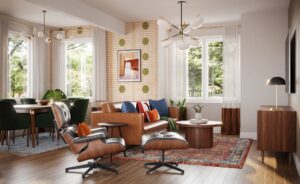 Modern dining room with wooden furniture, neutral tones, and natural light — interior design portfolio.